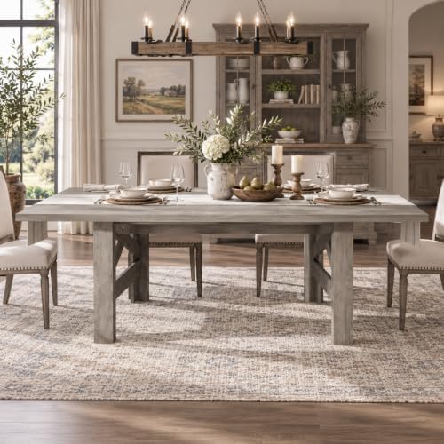 IDEALHOUSE 71"L Farmhouse Dining Table for 6-8, Rectangular Barn Wooden Kitchen Table with a Rock-Strong Thick Base, Triangular Legs, Long Dining Room Table for Office, Kitchen, Apartment, Rustic Gray