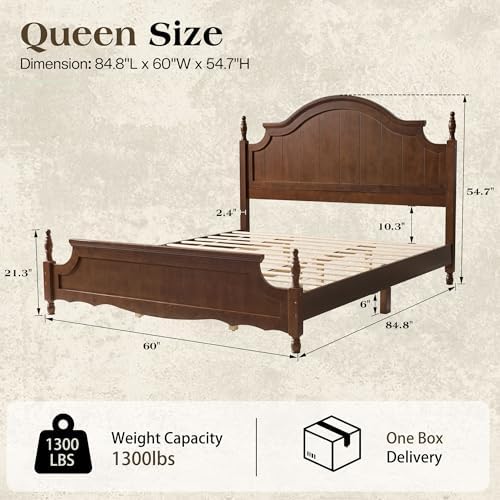 LUXOAK Queen Size Solid Wood Poster Bed, 55" Arched Headboard, Dark Walnut