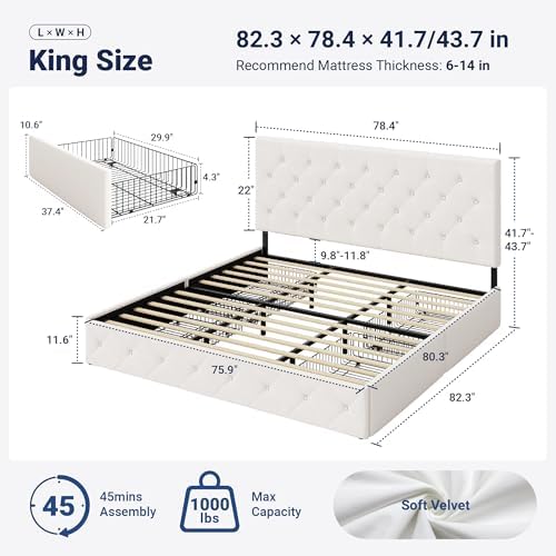 Allewie King Size Storage Bed Frame with 4 Underbed Drawers, Upholstered Platform Bed with Adjustable Headboard, Diamond Button Tufted, Easy Assembly, Noise-Free, No Box Spring Needed, Soft White