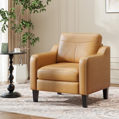 MALOL PU Leather Accent Chair Set of 2, Mid-Century Modern Living Room Armchair Sofa with Removable Cushions, Solid Wood Frame & Stitched Armrest Design, Bedroom Chair with Plastic Legs, Brown