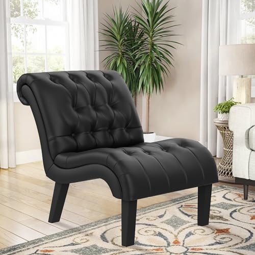 Faux Leather Accent Chair, Mid Century Modern Armless Chair Black