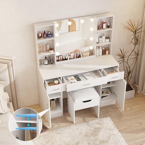 Halitaa Makeup Vanity Desk with Lighted Mirror, White Vanity Set Makeup Table with 3 Drawers, 2 Cabinets and Storage Stool, Large Vanity 45inch, White