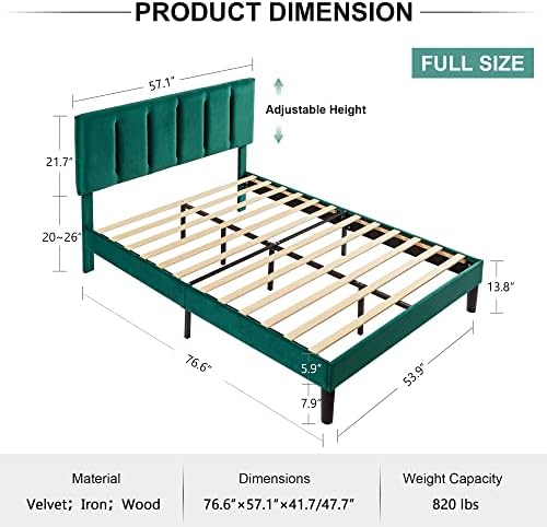 VECELO Full Size Bed Frame with Upholstered Headboard, Dark Green