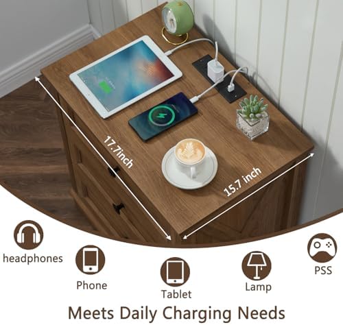 Farmhouse 3 Drawers Dresser, Natural Oak Dresser with Charging Station