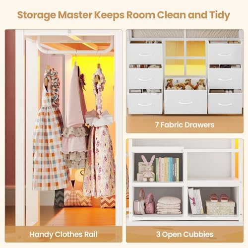 BTHFST Low Loft Bed Twin Size with Stairs,LED Lights,7 Large Drawers, White