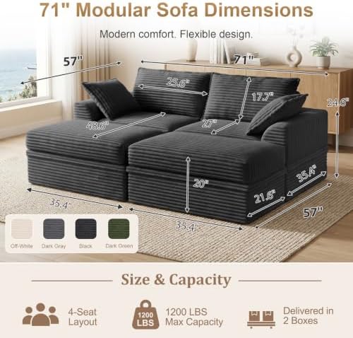 Boneless Sectional Couch with Storage, Upgraded Modular Sofa with Ottoman, Deep Seat Sleep Sofa for Living Room, 4 Seat Memory Foam Modern Corduroy Cloud Sofa with 2 Pillows,No Assembly(71"-Gray)