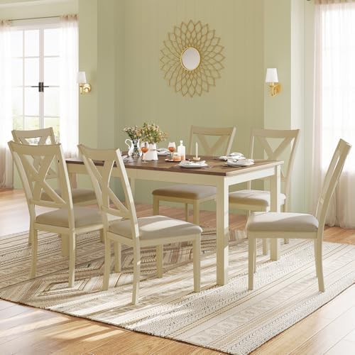 LUXOAK 7-Piece Farmhouse Kitchen Table and Chairs Set for 6, Rustic Cream