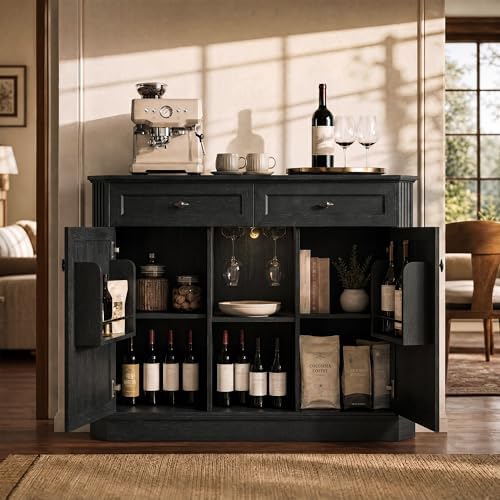 Black Coffee Bar with 2 Drawers & 2 Doors, LED Wine Bar Cabinet with Wine Glasses, Coffee Station with Built-in Outlets, Buffet Cabinet Sideboard with Extra Storage for Living Room Kitchen Entryway