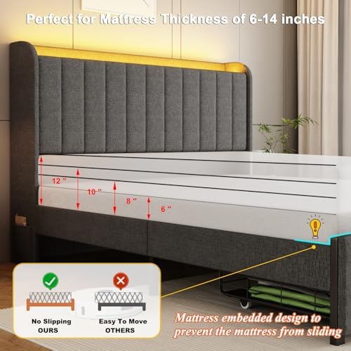 Queen Size Bed Frames with Storage Headboard and 2 Drawers, Upholstered Platform Bed Frame Queen with Led Lights and Handy Charging Station, No Box Spring Needed, Easy Assembly, Noise Free, Gray