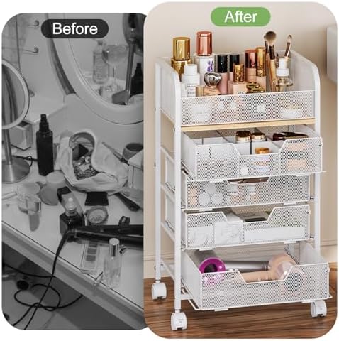 Hongtamoya Makeup Cart Organizer with 4 Drawers, Rolling Makeup Cart, White | Large Floor Skincare Vanity Organizers Cosmetics Display Cases Makeup Storage Cart for Skin Care Perfume Nail Polish