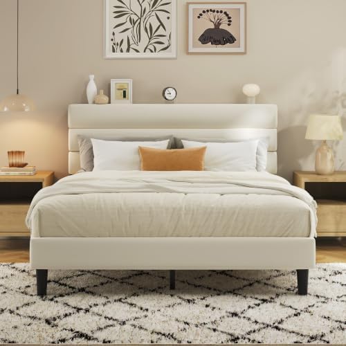 Fluest Full Bed Frame, Platform Bed Frame with Velvet Upholstered Headboard, No Box Spring Needed, Sturdy Metal Support, Noise Free, Easy Assembly, Modern Bedroom Furniture, Beige