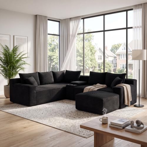 106-Inch Oversized L-Shaped Corner Cloud Couch Modular Cloud Sectional Couch W/Console & Ottoman, Compression Boneless Corner Sofa Plush Corduroy Sectional Sofa for Living Room