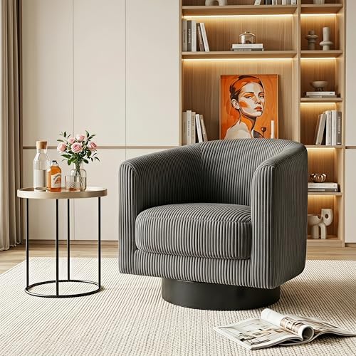 Swivel Accent Chairs Set of 2, 360° Bucket Chair, Modern Upholstered Barrel Armchair, Comfy Corduroy Single Sofa for Living Room Bedroom, Grey