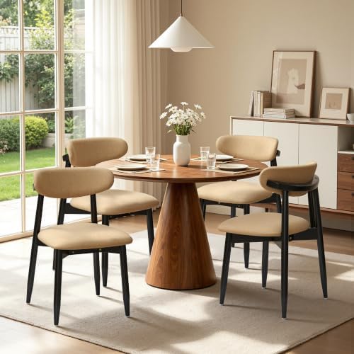 CHUN YI Dining Chairs Set of 4, Upholstered Wooden Dining Room Chairs with Ergonomic Curved Back, Mid Century Modern Fabric Kitchen Chairs, Khaki (Only Chairs)