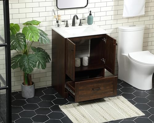 24" Pre-Assembled Bathroom Vanity with Sink, Engineered Wood, Ivory White Engineered Marble Countertop Attached, Single Rectangle Porcelain Sink, 1 Soft-Close Drawers, Expresso