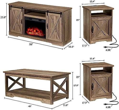 AMERLIFE Living Room Furniture Set, 59" Barnwood TV Stand with Fireplace