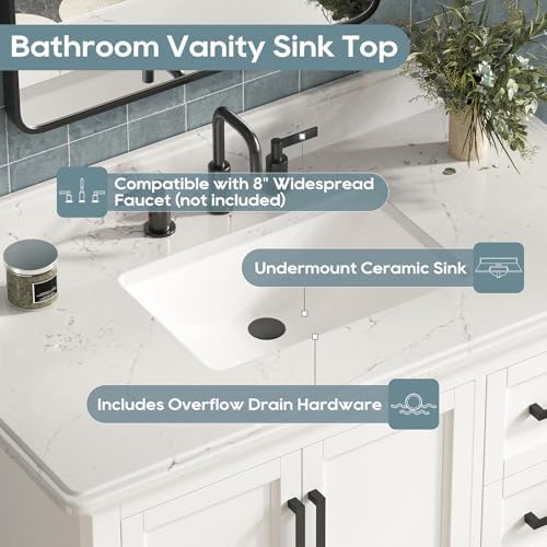 42 Inch Bathroom Vanity with Sink, Pre Assembled, White | Farmhouse Bathroom Vanity Set with Quartz Countertop, Bathroom Storage Cabinet with Soft Close Doors & Dovetail Pine Drawers
