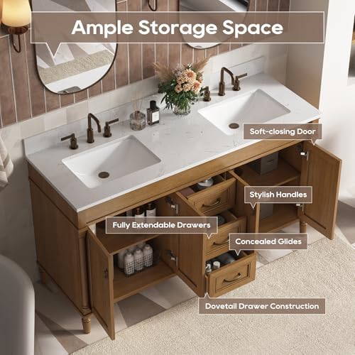 60 Inch Bathroom Vanity with Double Sink Combo, Light Walnut | Classic Cabinet with Countertop & Backsplash, Solid Wood Frame with Soft Closing Doors & 3 Dovetail Drawers, Ceramic Sink