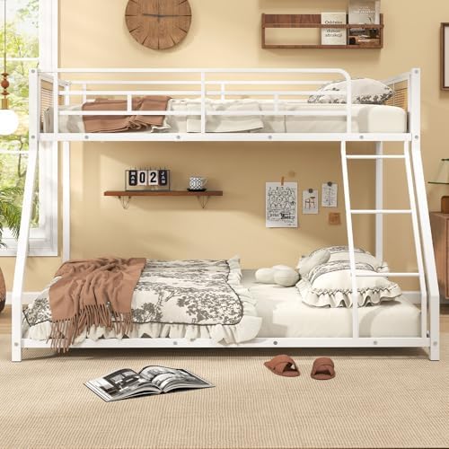 Giantex Twin Over Full Metal Bunk Bed, Boho Rattan Floor Bunkbeds with Ladder & Full-length Guardrails, Heavy Duty Metal Slats Support Bed Frame for Teens, Adults, Guests, No Box Spring Needed (White)