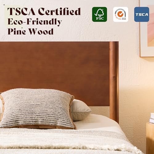 AMERLIFE Solid Wood Twin Bed Frame, Mid Century Bed with Headboard, Brown