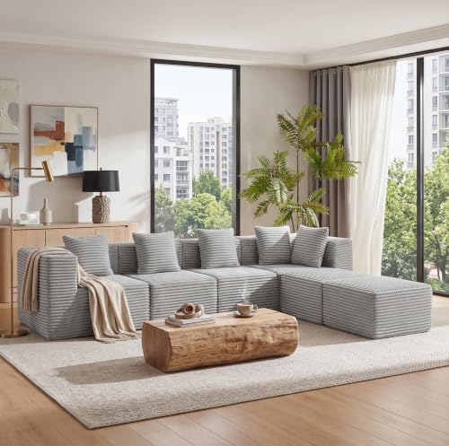 130-Inch Oversized U-Shaped 6 PCS Modular Cloud Couch Boneless Corner Sectional Couch W/Ottomans, Compression Boneless Corner Sofa Plush Corduroy Sectional Sofa for Living Room