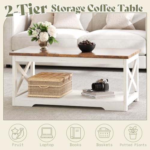 AMERLIFE 4 Piece Farmhouse Table Set with 66" TV Stand, Distressed White