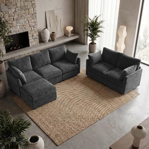 Iroomy Modular Sectional Loveseat Couch, Modern Chenille Sofa, Black