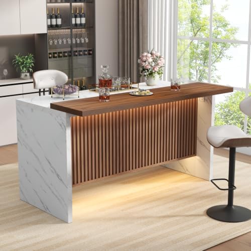 63" Large Imitation Marble Bar Table, Kitchen Island Table with LED Lights