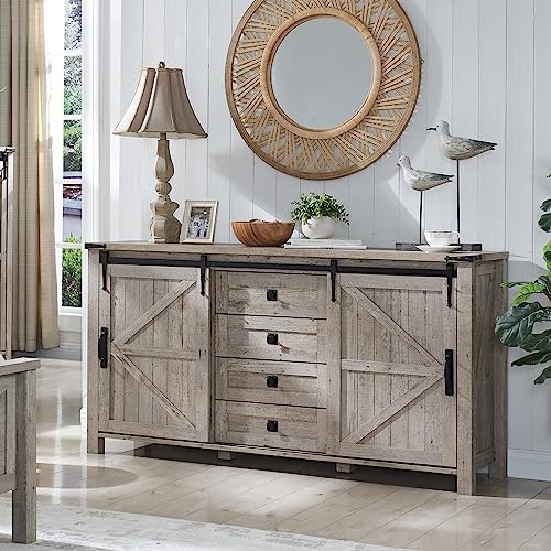 T4TREAM 60" Wide Farmhouse Sideboard Buffet Cabinet, Light Rustic Oak