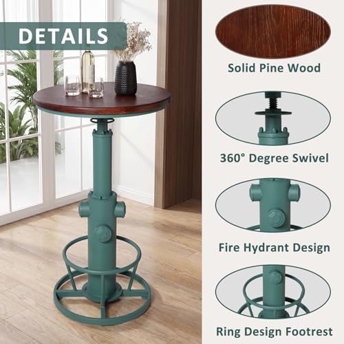 Industrial Bar Table with Round Solid Pine Wood Top, Adjustable Height 38.6-42.5in, Fire Hydrant Design, 360° Swivel, Green