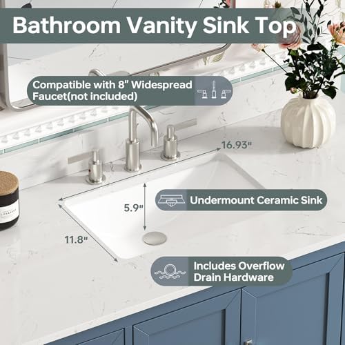 48 Inch Fully Assembled Bathroom Vanity with Sink, Modern Solid Wood Vanity with Soft Closing Doors & Dovetail Drawers, 48 Inch Vanity with Sink, Engineered Stone Top, Steel Blue