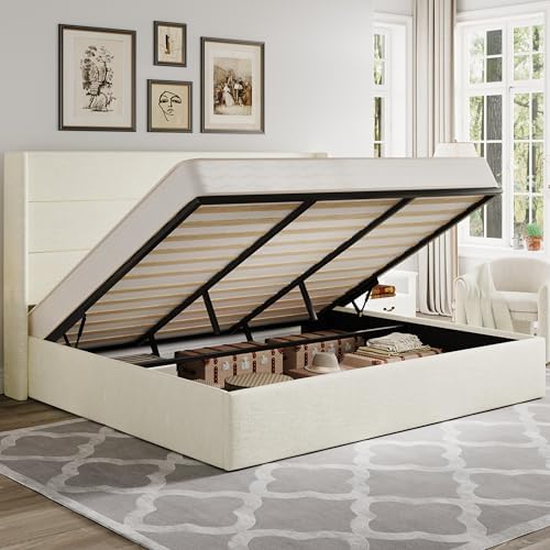 Allewie King Size Chenille Lift Up Hydraulic Storage Bed Frame Cream White