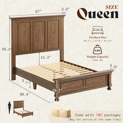 AMERLIFE Solid Wood Queen Bed Frame with 65.2" High Headboard