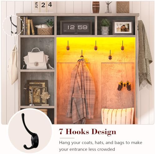 Hall Tree with Bench and Shoe Storage, LED Entryway Bench with Coat Rack