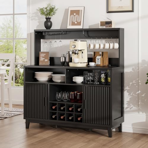Fluted Coffee Bar Cabinet with Charging Station, 47.2" W Liquor Cabinet
