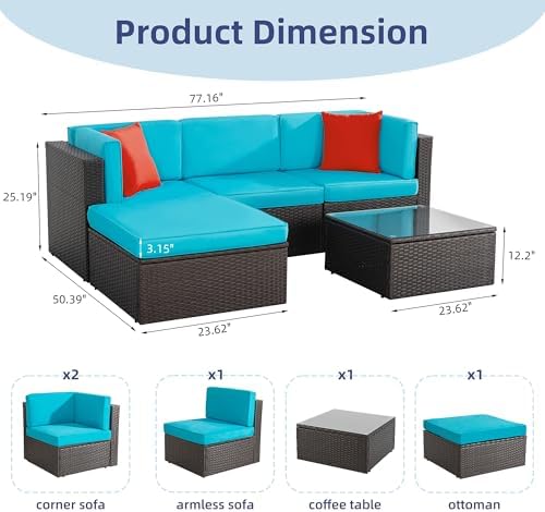 Vongrasig 5 Piece Patio Furniture Sets, Outdoor Couch Sectional Patio, Blue