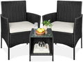 Best Choice Products 3-Piece Outdoor Wicker Conversation Bistro Set, Space Saving Patio Furniture for Garden w/Side Table - Black/White Sand
