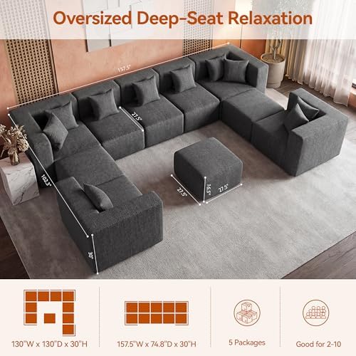 MONVANE Modular Sectional Sofa, Oversized 10 Seat Convertible U Shaped Couch with Ottoman, Comfy Chenille Cloud Couch with Deep Seat, Sectional Couches for Living Room, No Assembly Required, Grey