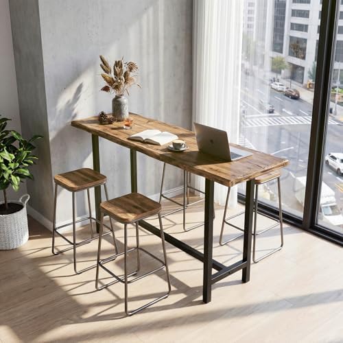 LITTLE TREE Solid Wood Counter Height Table with Metal Footrest - 63-Inch Long Bar Table for Home, Seats up to 6, Easy Assembly, Brown + Black