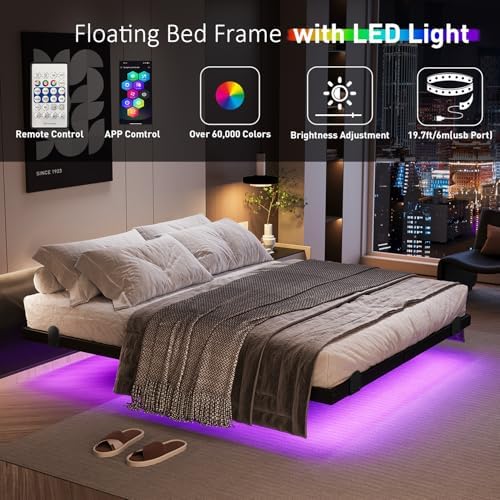 AGXI Floating Bed Frame with LED Lights and Charging Station, 10 Inch Queen Floating Bed Frame, Queen Platform Bed Frame, No Box Spring Needed, Easy to Assemble