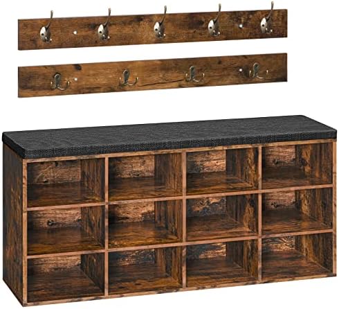 HOOBRO Shoe Storage Bench with Cushion, 39.4" L Entryway Bench with 12 Cubbies, Entryway Hall Tree with Storage, Shoe Cabinet with Coat Rack for Bedroom, Hallway, Holds up to 330 lb, BF112HX01G1
