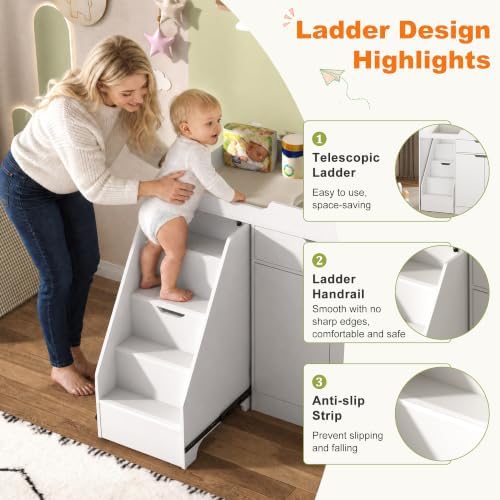 St.Mandyu Baby Changing Table with Drawers & Storage, Diaper Changing Station with Stairs, Toddler Wooden Changing Table with Paper Roller for Daycare & Home, White