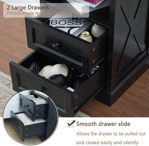 Farmhouse 2 Drawers Dresser for Bedroom,Black Dresser with Charging Station
