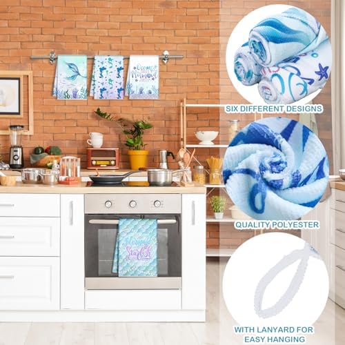 Redbaker 6 Pcs Mermaid Kitchen Towels, Ocean Blue Dish Towels Decor