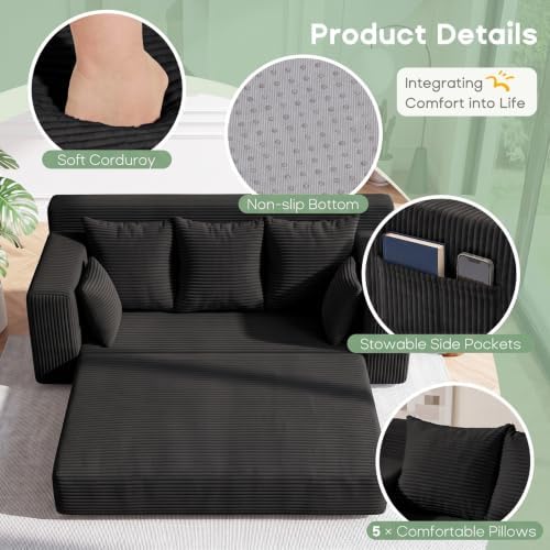 Boneless Couch for Living Room, 3 Seater Convertible Sofa Bed in A Box, Folding Pull Out Couch with Comfy Corduroy, Loveseat Sleeper Floor Sofa with 5 Pillows, No Assembly Required, Black