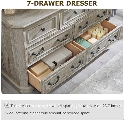 T4TREAM Farmhouse 7 Drawers Dresser for Bedroom, 54" Wide Wood Rustic Chest of Drawers with Natural Texture, Vintage Design, Storage Dressers Organizer for Bedroom, Living Room Light Rustic Oak