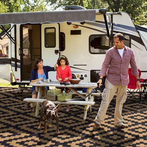 SAND MINE Reversible Mats, Plastic Straw Rug, Modern Area Rug, Large Floor Mat and Rug for Outdoors, RV, Patio, Backyard, Deck, Picnic, Beach, Trailer, Camping, Black & Brown, 10' x 10'
