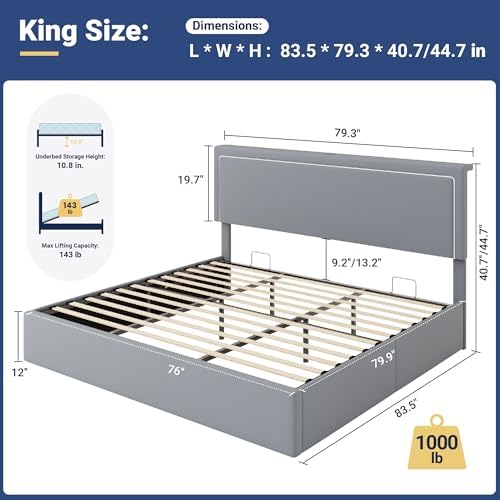 Allewie King Lift Up Storage Bed Frame with Charging Station, Grey