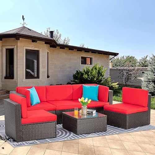 Vongrasig 6 Piece Patio Furniture Set, Small Outdoor Sectional Couch, Red