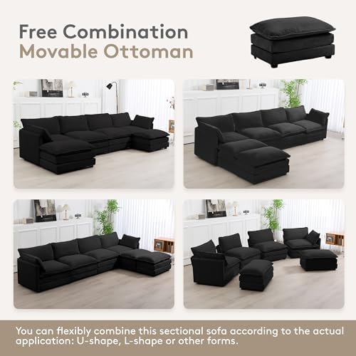 ROWHY 148'' Modular Sectional Cloud Couch with 2 Movable Ottomans, Oversized 6 Seat Modern Corduroy Sofas, Deep Seat U Shaped Couch for Living Room Bedroom Apartment,Black